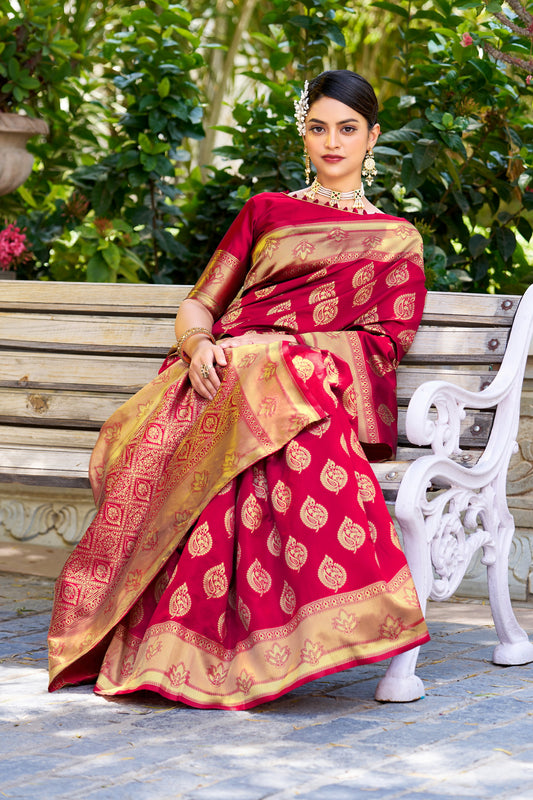 Woven Banarasi Jacquard, Silk Blend Saree With Unstitched Blouse (Dark Pink)