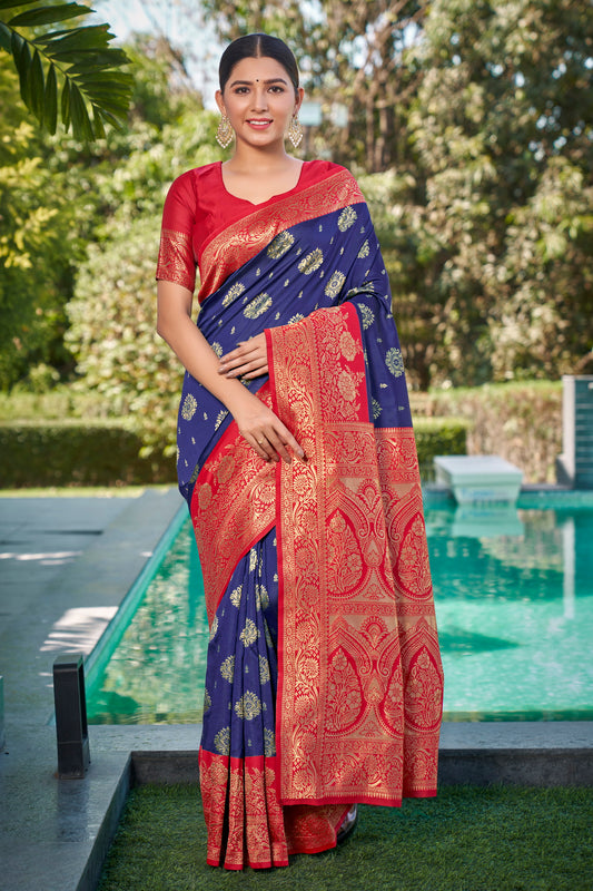 Woven Kanjivaram Jacquard, Silk Blend Saree With Unstitched Blouse(Navy Blue)