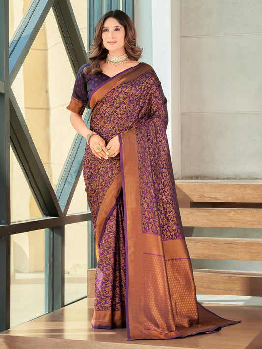 Woven Banarasi Jacquard, Satin Silk Blend Saree With Unstitched Blouse (Wine)