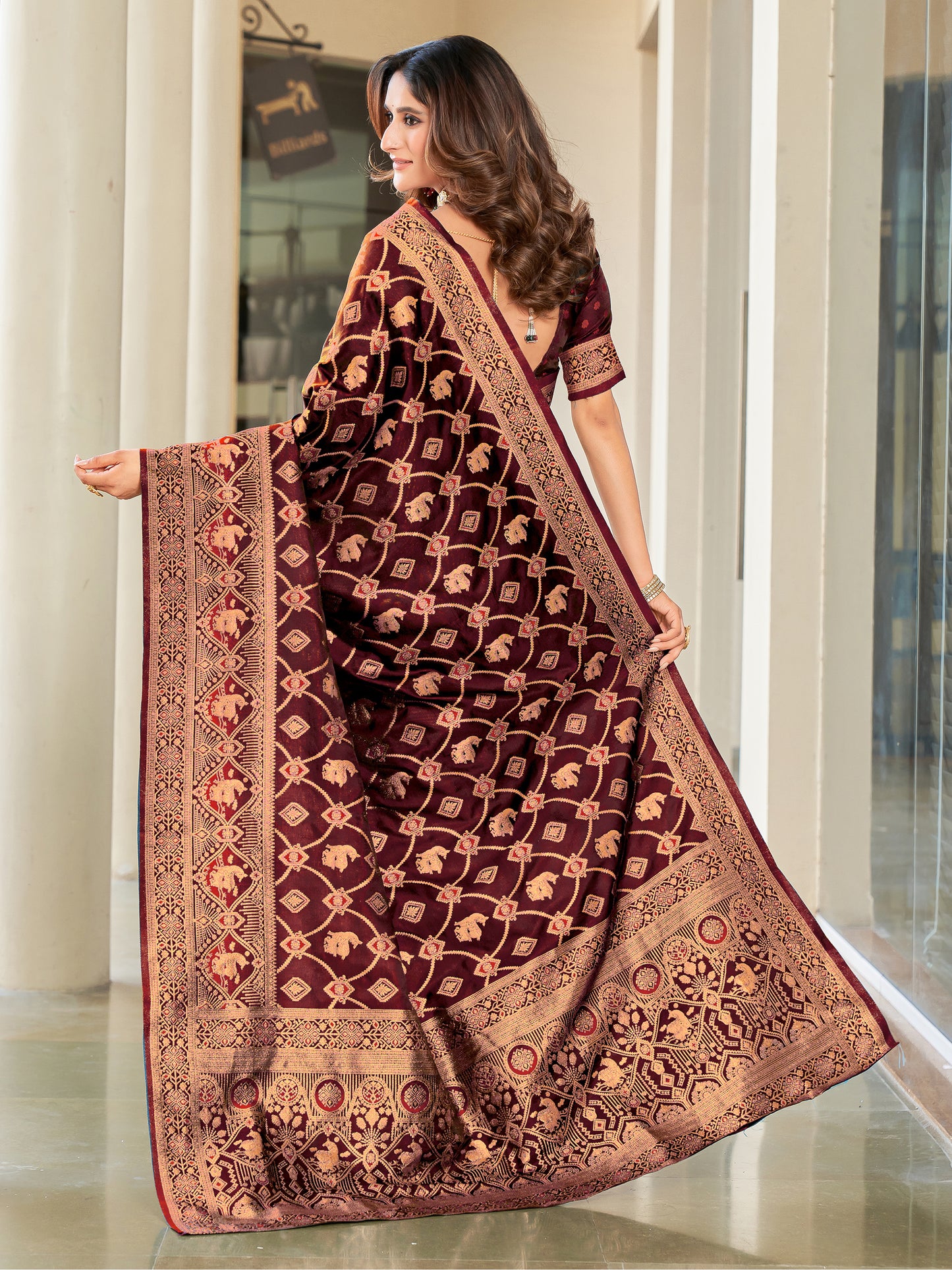 Woven Banarasi Jacquard, Satin Silk Blend Saree With Unstitched Blouse (Maroon)