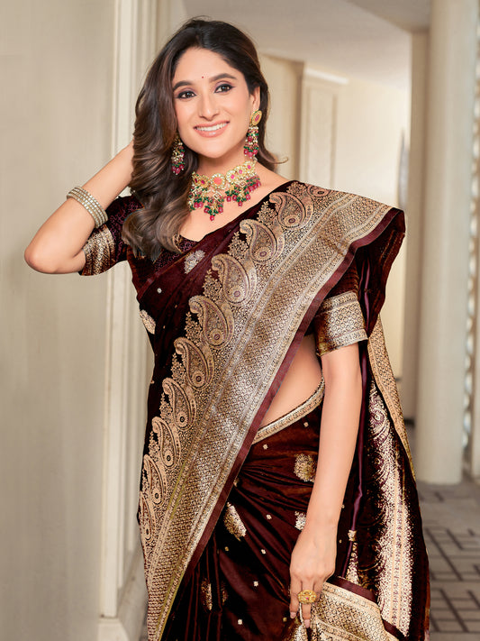 Woven Banarasi Jacquard, Satin Silk Blend Saree With Unstitched Blouse (Maroon)