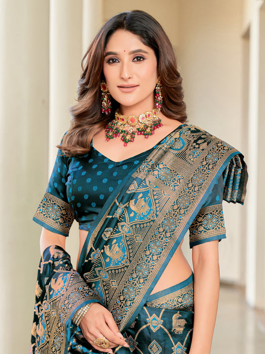 Woven Banarasi Jacquard, Satin Silk Blend Saree With Unstitched Blouse (Firozi)