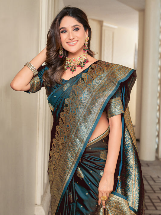 Woven Banarasi Jacquard, Satin Silk Blend Saree With Unstitched Blouse (Firozi)