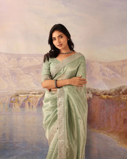 Elegant Pastel Green Silk Blend Saree with Embellished Border & Unstitched Blouse