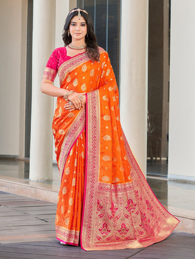 Woven Banarasi Jacquard, Satin Silk Blend Saree With Unstitched Blouse (Orange)