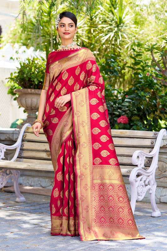 Woven Banarasi Jacquard, Silk Blend Saree With Unstitched Blouse (Dark Pink)