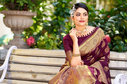 Woven Banarasi Jacquard, Silk Blend Saree With Unstitched Blouse (Wine)