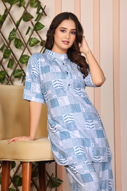 Stylish Blue & White Geometric Printed Pure Rayon Co-Ord Set for Women