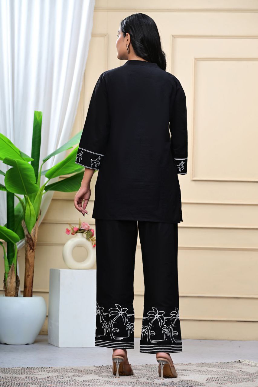 Trendy Black Embroidered Cotton Blend Co-ord Set for Women