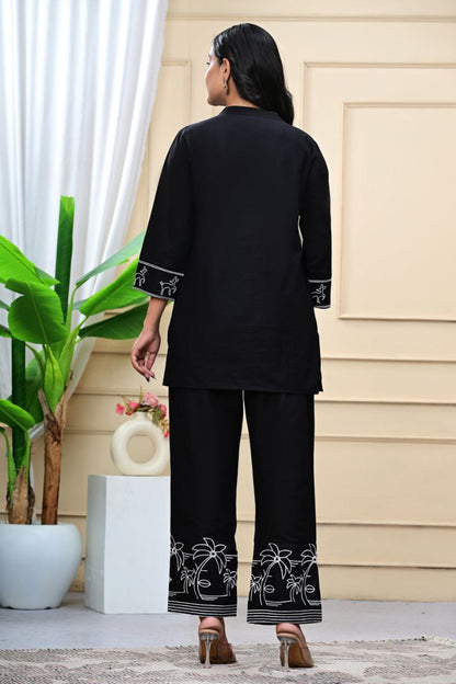 Trendy Black Embroidered Cotton Blend Co-ord Set for Women
