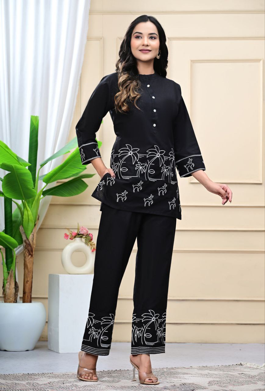 Trendy Black Embroidered Cotton Blend Co-ord Set for Women