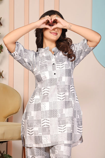 Stylish Grey & White Geometric Printed Pure Rayon Co-Ord Set for Women