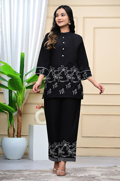 Trendy Black Embroidered Cotton Blend Co-ord Set for Women