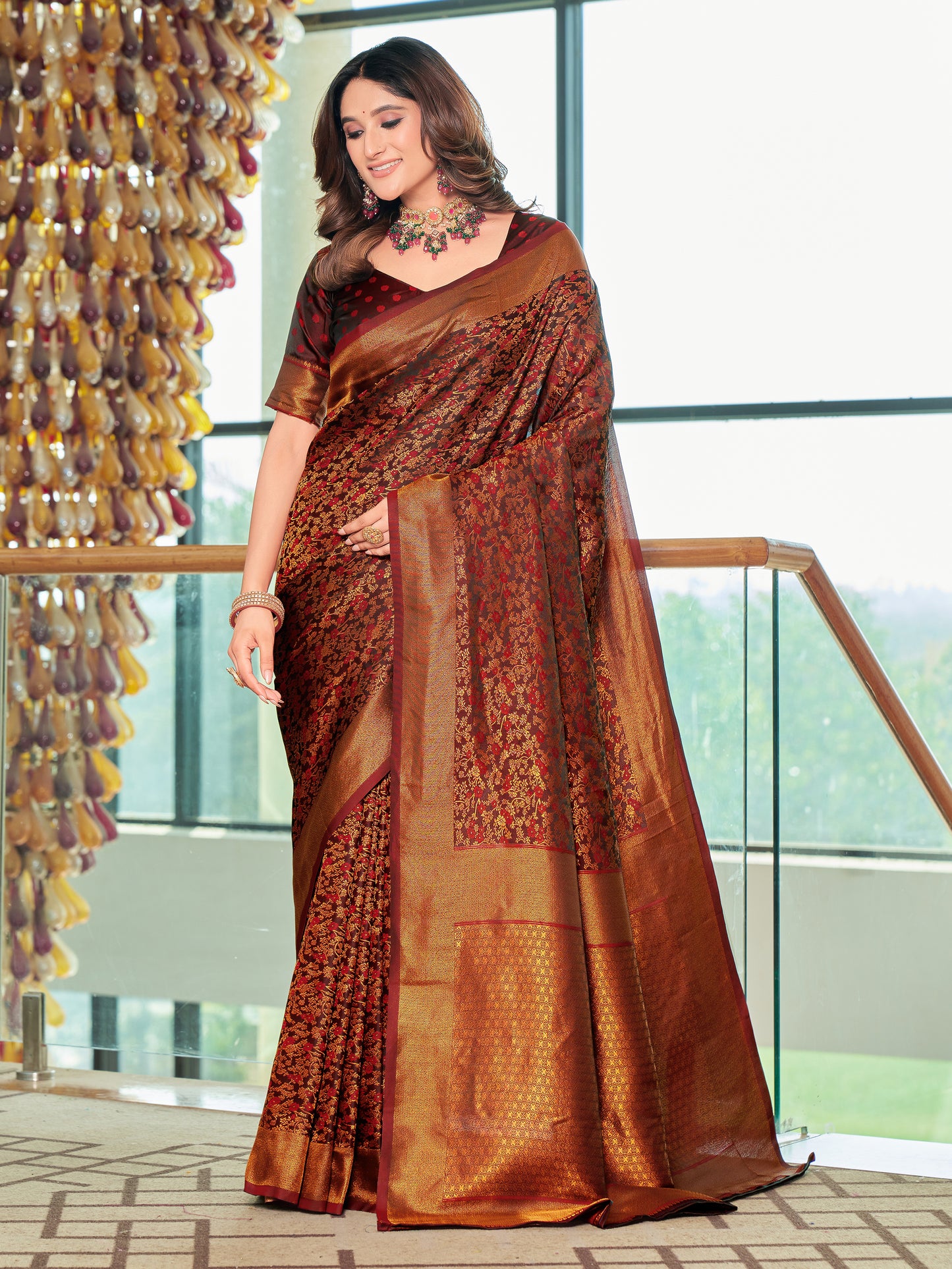 Woven Banarasi Jacquard, Satin Silk Blend Saree With Unstitched Blouse (Maroon)