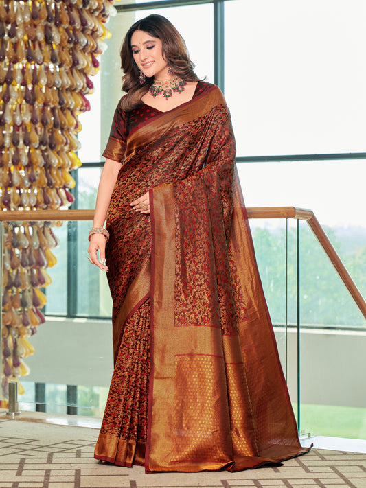 Woven Banarasi Jacquard, Satin Silk Blend Saree With Unstitched Blouse (Maroon)