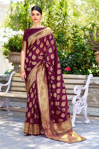Woven Banarasi Jacquard, Silk Blend Saree With Unstitched Blouse (Wine)