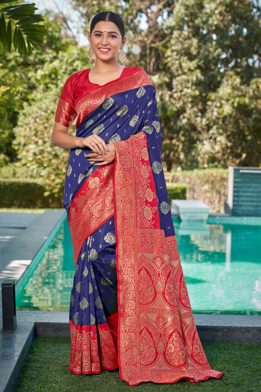 Woven Kanjivaram Jacquard, Silk Blend Saree With Unstitched Blouse(Navy Blue)