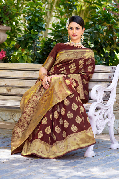 Woven Banarasi Jacquard, Silk Blend Saree With Unstitched Blouse (Maroon)