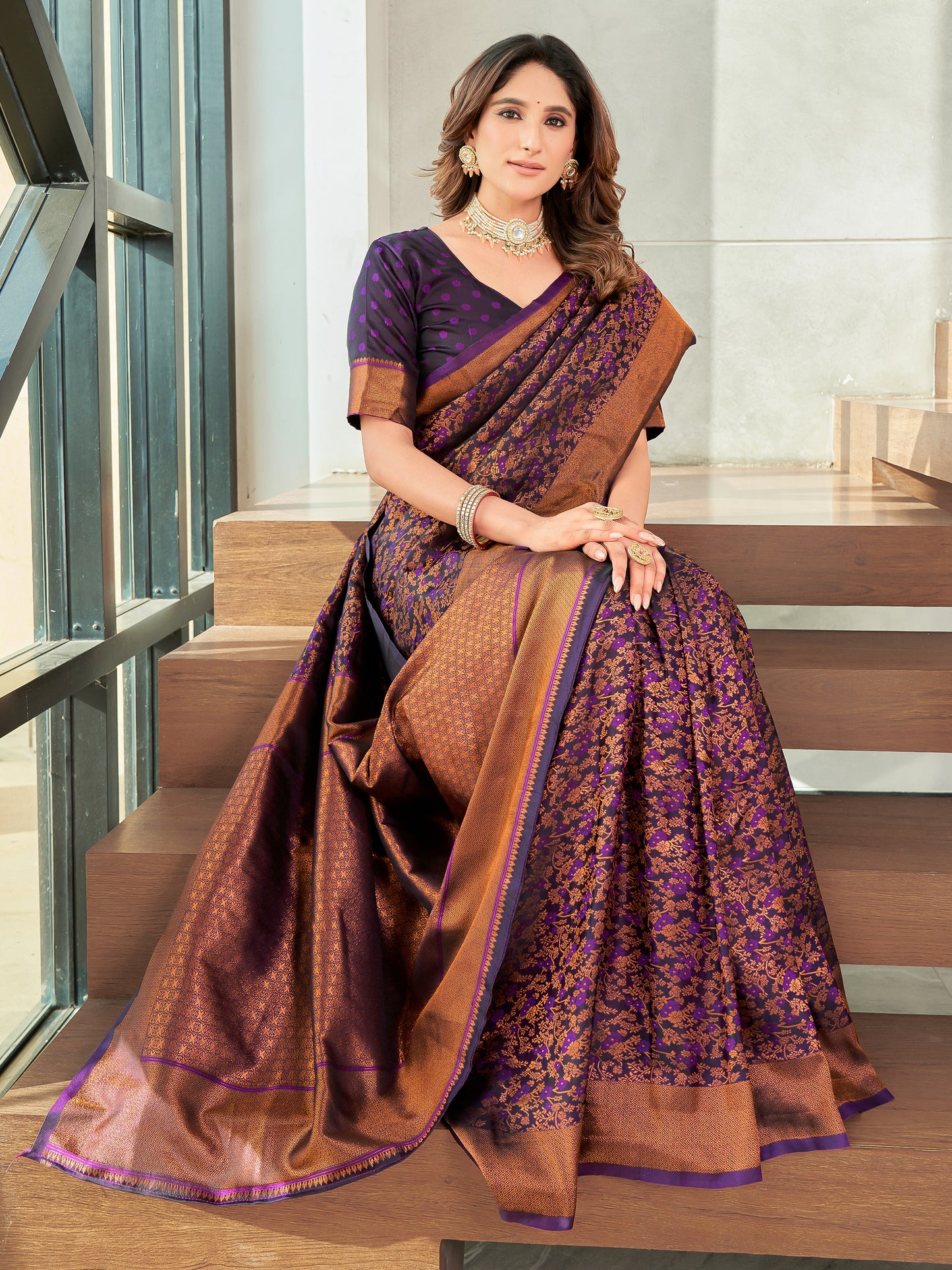Woven Banarasi Jacquard, Satin Silk Blend Saree With Unstitched Blouse (Wine)