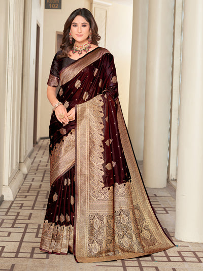 Woven Banarasi Jacquard, Satin Silk Blend Saree With Unstitched Blouse (Maroon)