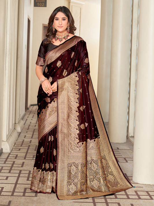 Woven Banarasi Jacquard, Satin Silk Blend Saree With Unstitched Blouse (Maroon)