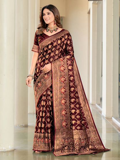 Woven Banarasi Jacquard, Satin Silk Blend Saree With Unstitched Blouse (Maroon)