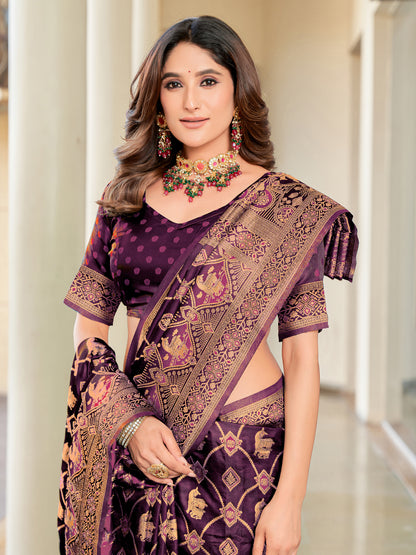 Woven Banarasi Jacquard, Satin Silk Blend Saree With Unstitched Blouse (Wine)