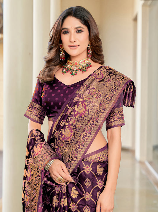 Woven Banarasi Jacquard, Satin Silk Blend Saree With Unstitched Blouse (Wine)