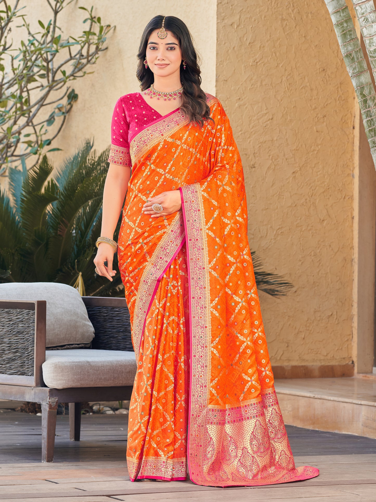 Woven Banarasi Jacquard, Satin Silk Blend Saree With Unstitched Blouse (Orange)