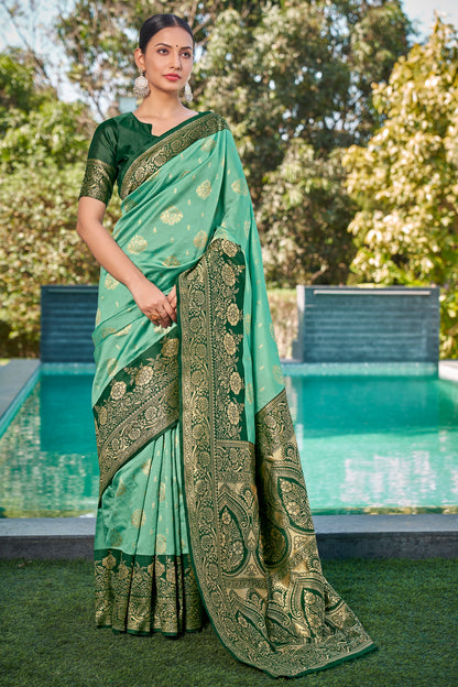 Woven Kanjivaram Jacquard, Silk Blend Saree With Unstitched Blouse(Pastel-Green)
