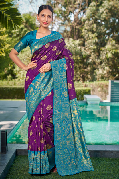 Woven Kanjivaram Jacquard, Silk Blend Saree With Unstitched Blouse(Wine)