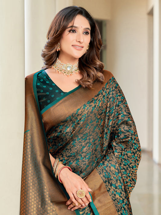 Woven Banarasi Jacquard, Satin Silk Blend Saree With Unstitched Blouse (Green)
