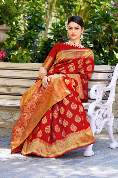 Woven Banarasi Jacquard, Silk Blend Saree With Unstitched Blouse (Red)