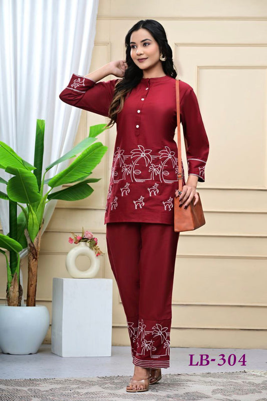 Trendy Maroon Embroidered Cotton Blend Co-ord Set for Women