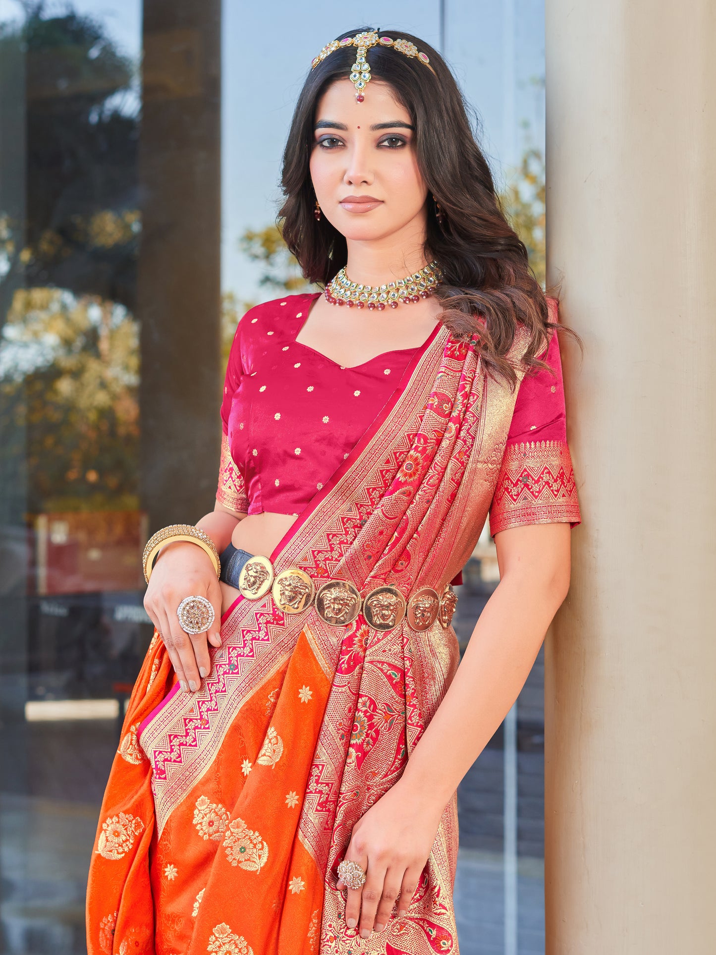 Woven Banarasi Jacquard, Satin Silk Blend Saree With Unstitched Blouse (Orange)