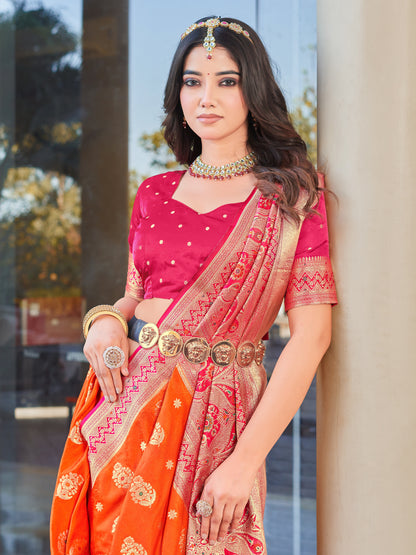 Woven Banarasi Jacquard, Satin Silk Blend Saree With Unstitched Blouse (Orange)
