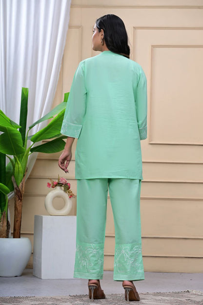 Trendy Green Embroidered Cotton Blend Co-ord Set for Women