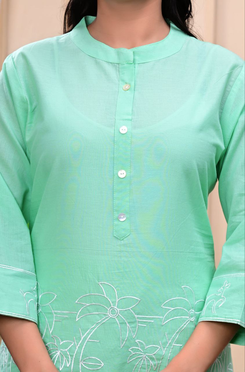 Trendy Green Embroidered Cotton Blend Co-ord Set for Women