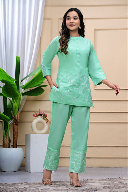 Trendy Green Embroidered Cotton Blend Co-ord Set for Women