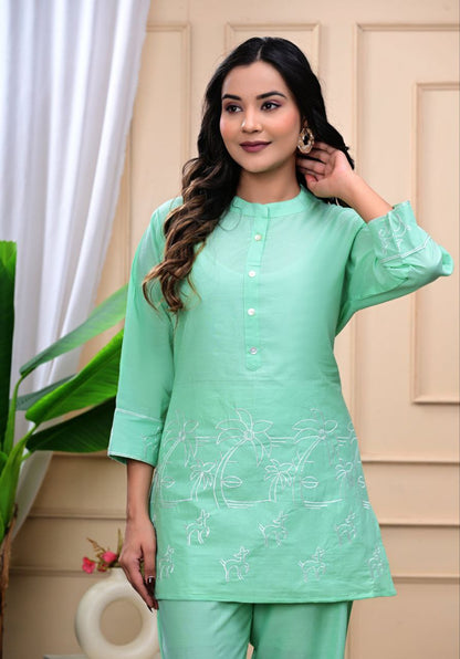 Trendy Green Embroidered Cotton Blend Co-ord Set for Women