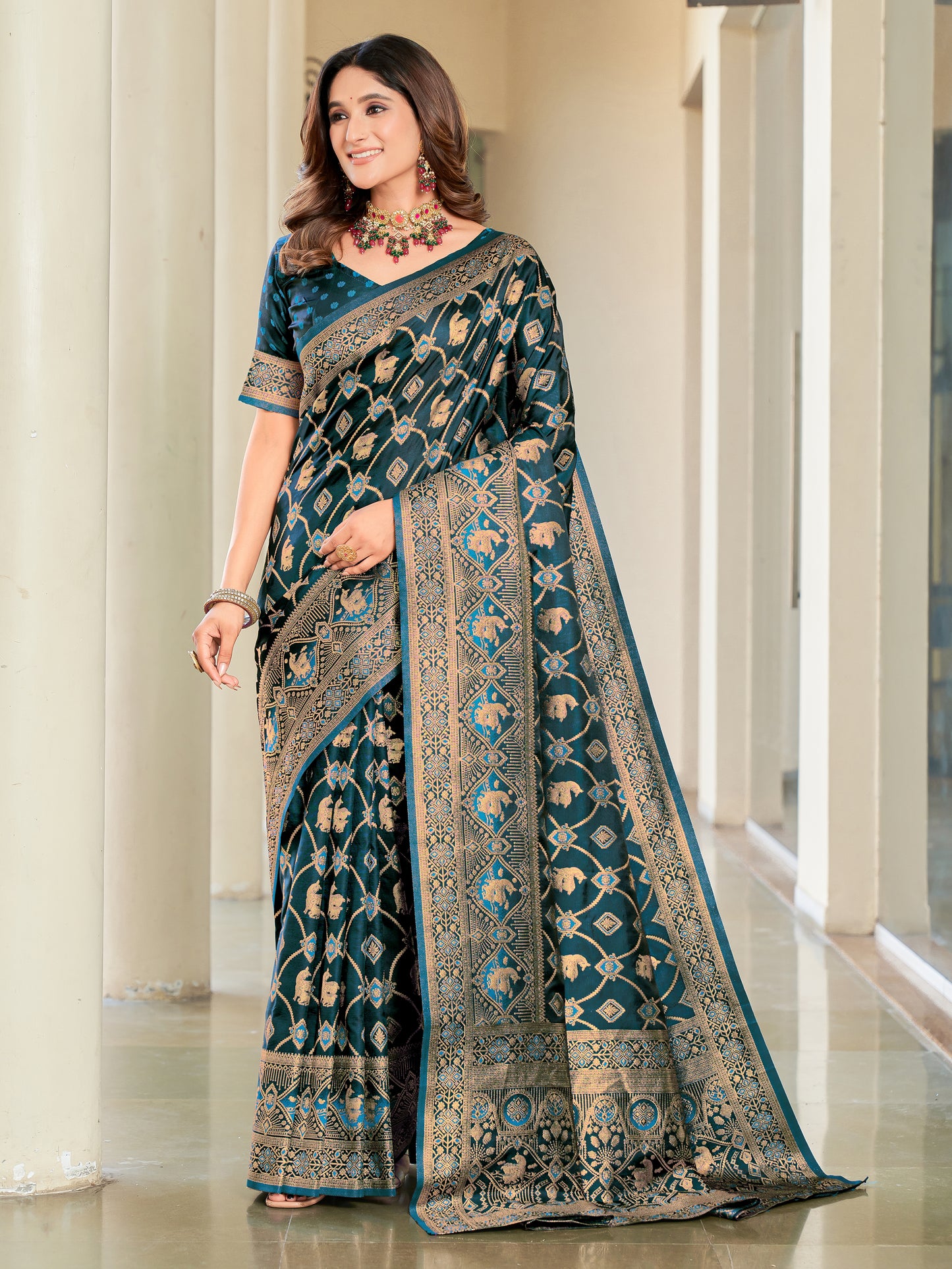 Woven Banarasi Jacquard, Satin Silk Blend Saree With Unstitched Blouse (Firozi)