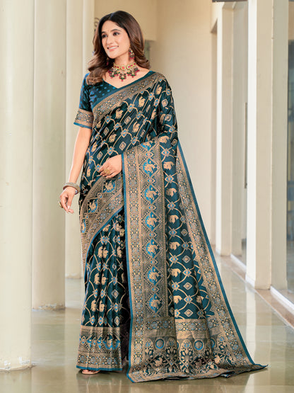 Woven Banarasi Jacquard, Satin Silk Blend Saree With Unstitched Blouse (Firozi)