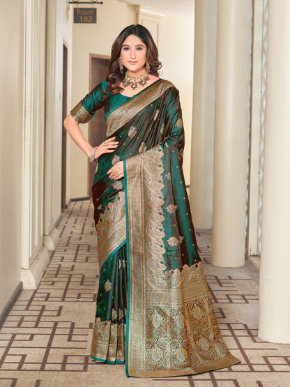 Woven Banarasi Jacquard, Satin Silk Blend Saree With Unstitched Blouse (Green)
