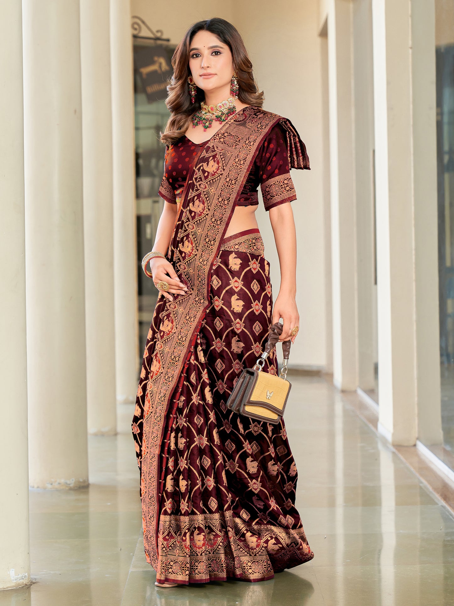Woven Banarasi Jacquard, Satin Silk Blend Saree With Unstitched Blouse (Maroon)