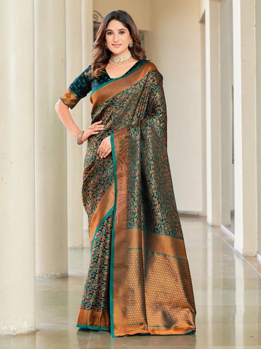 Woven Banarasi Jacquard, Satin Silk Blend Saree With Unstitched Blouse (Green)