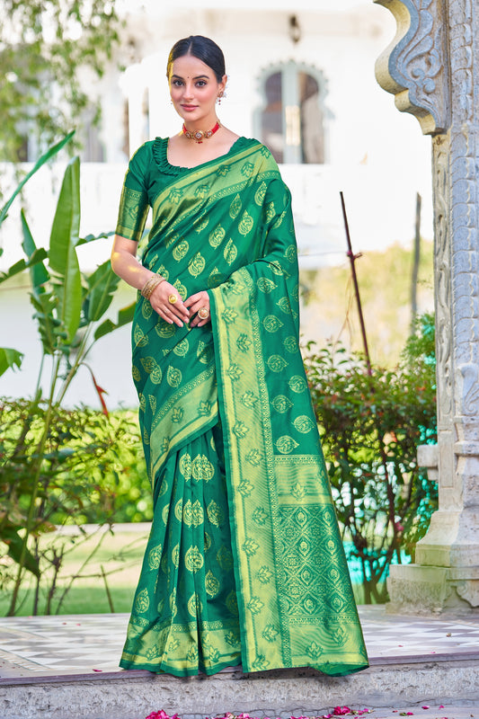 Woven Banarasi Jacquard, Silk Blend Saree With Unstitched Blouse (Rama Green)