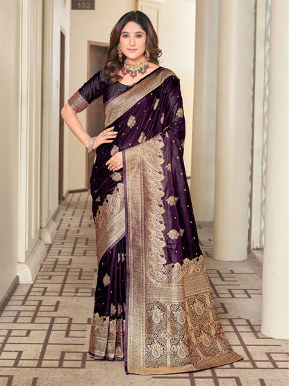 Woven Banarasi Jacquard, Satin Silk Blend Saree With Unstitched Blouse (Wine)