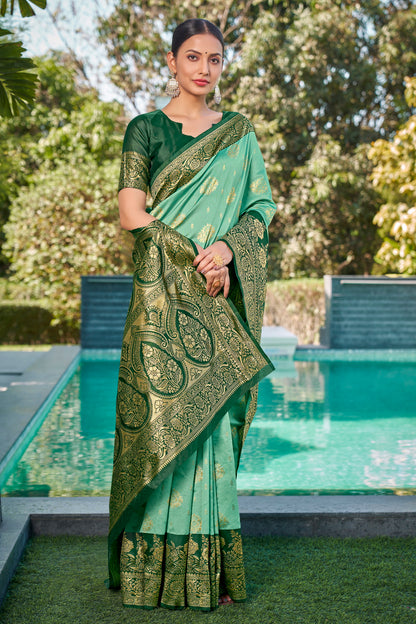 Woven Kanjivaram Jacquard, Silk Blend Saree With Unstitched Blouse(Pastel-Green)