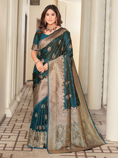 Woven Banarasi Jacquard, Satin Silk Blend Saree With Unstitched Blouse (Firozi)
