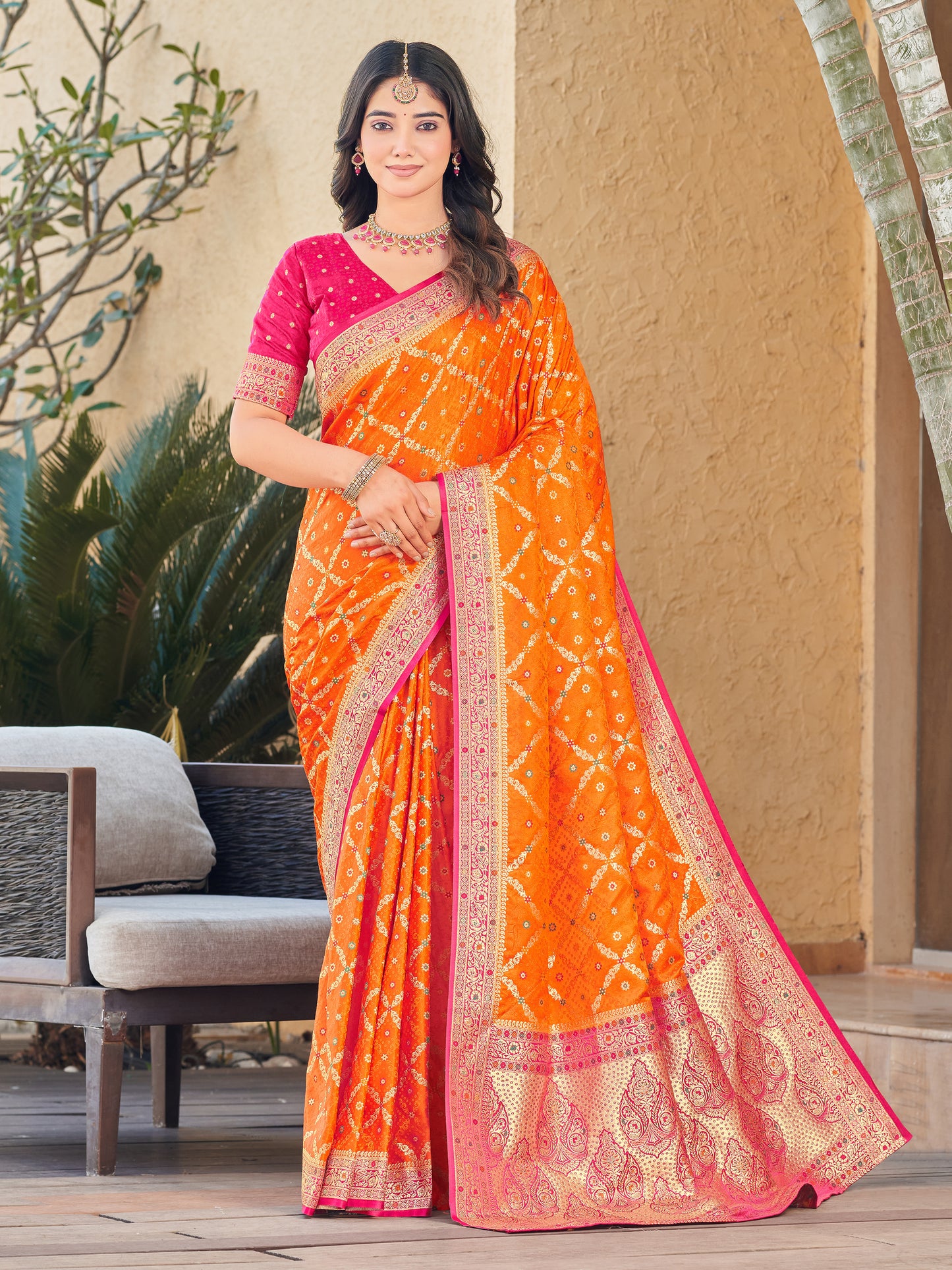 Woven Banarasi Jacquard, Satin Silk Blend Saree With Unstitched Blouse (Orange)